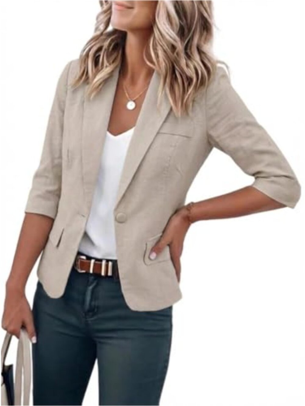 Womens Cropped Linen Blazer Lightweight 3/4 Sleeve Casual Business Jacket
